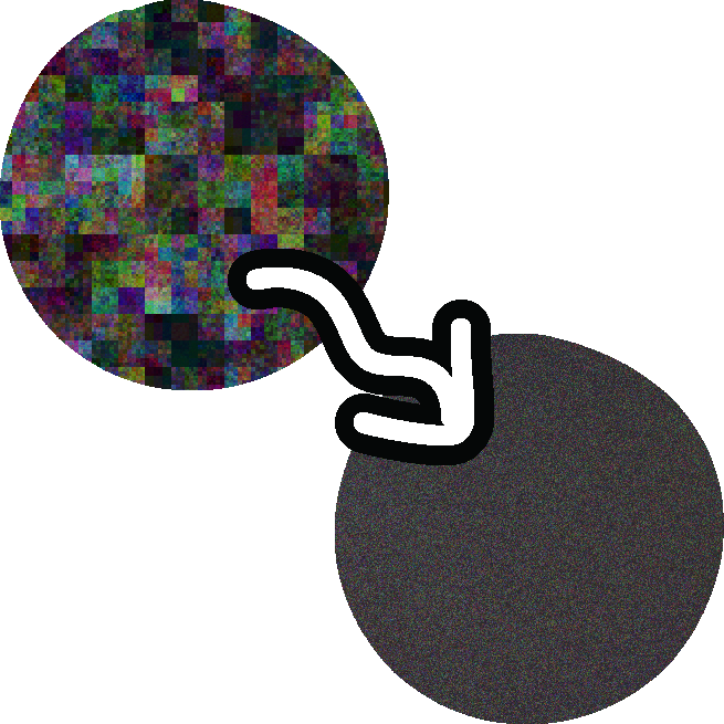 a circle pattered with multicolored squares, with even smaller multicolored squares inside of them resembling layered static, with a wobbly arrow pointing down to a gray circle, the same average color as the first but with much more even white noise/static